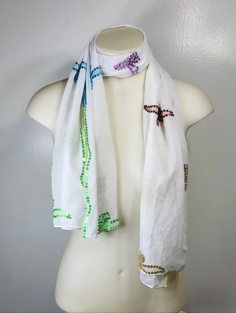 White Sheer Lightweight Scarf with Multicolor Sequin 19